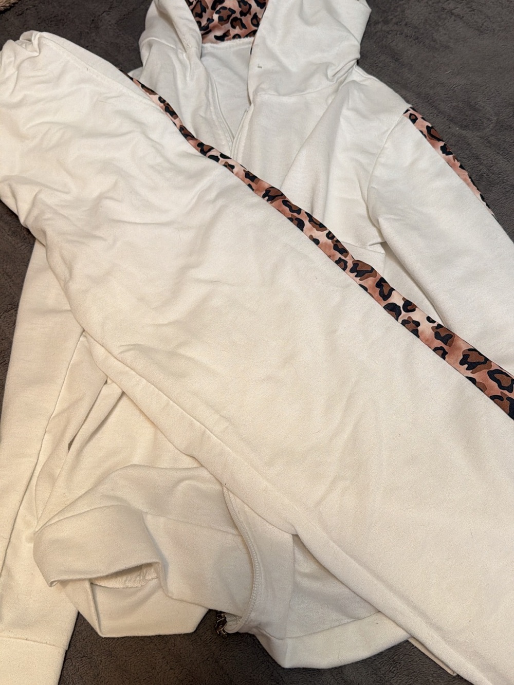 Cream Hoodie with Leopard Trim